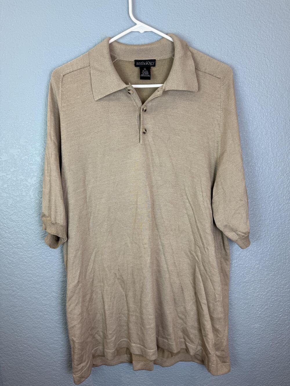 Anthology Polo Shirt Mens XL Beige Silk Blend Short Sleeve Stretch Knit Casual